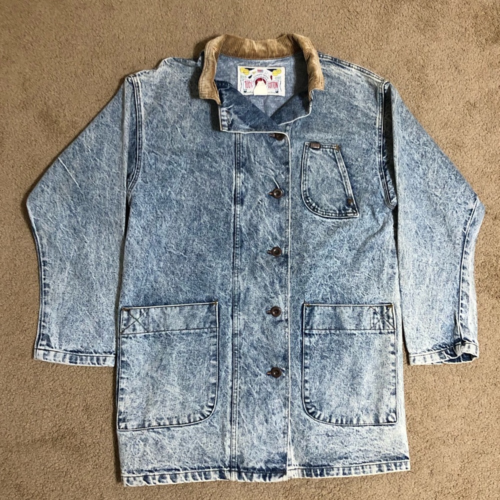 Vintage 80s Lee Denim Stone/Acid Wash Trench Barn Coat Corduroy Collar Rare
